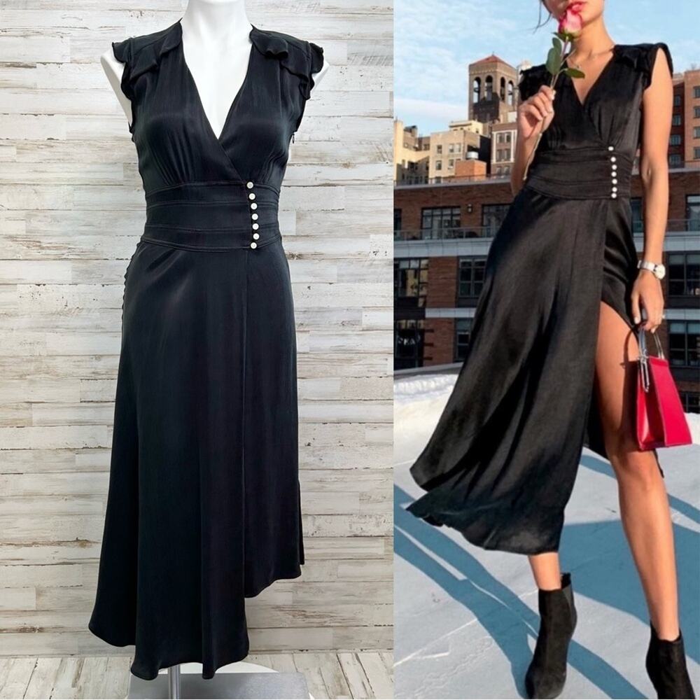 BA&SH Coralie Faux Wrap Dress Size 4 Int'l XS Black Asymmetrical Sleeveless